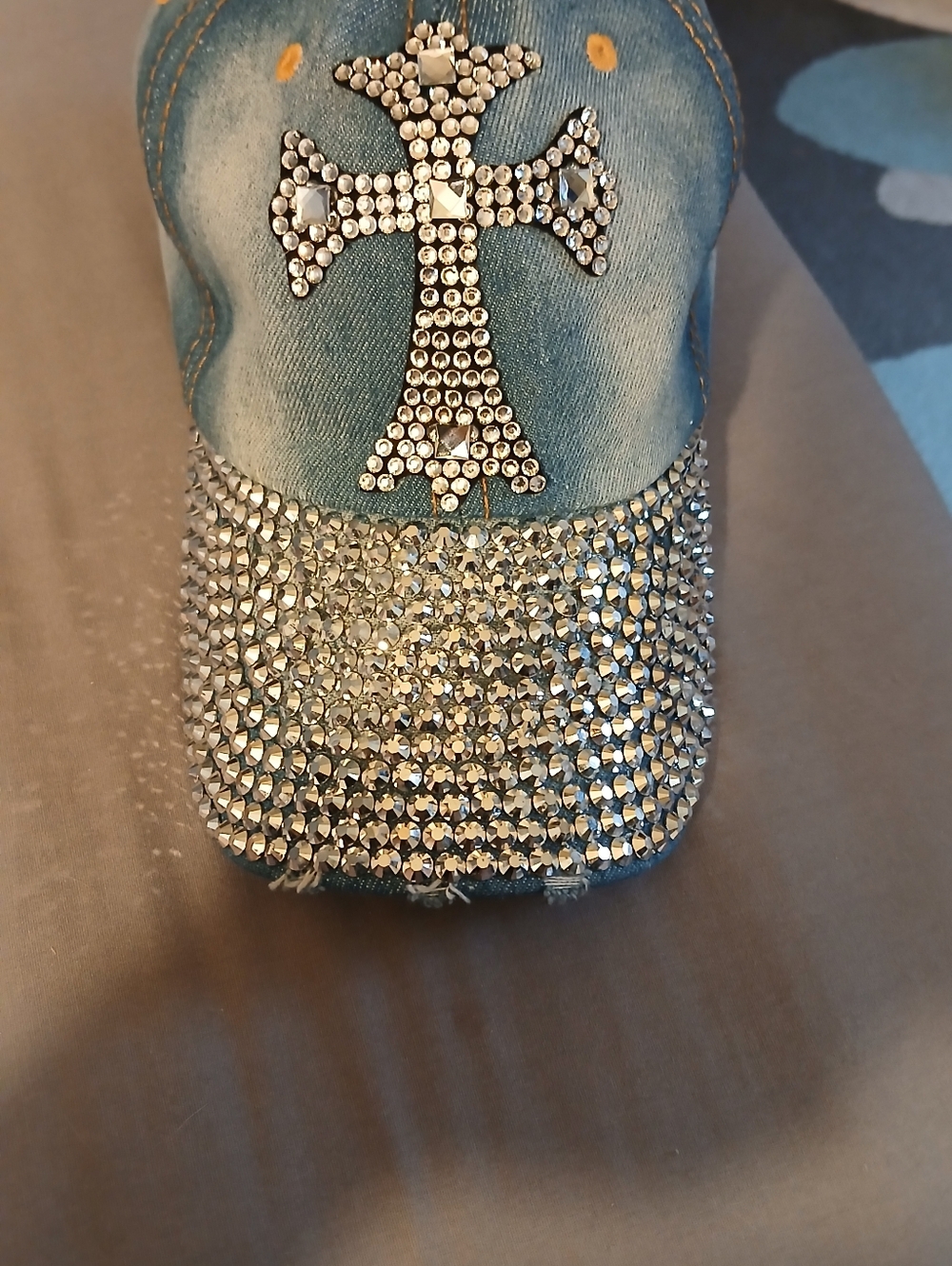 Rhinestone Cross Denim Baseball Cap - Blue & Silver
